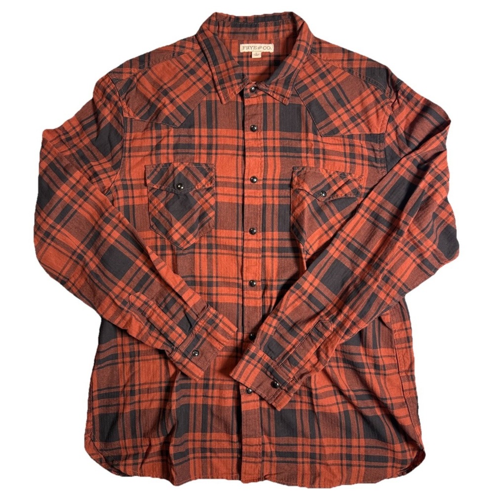 Frye & Co Flannel Shirt Mens Large Snap Rust Red Plaid Pattern Cabincore EUC